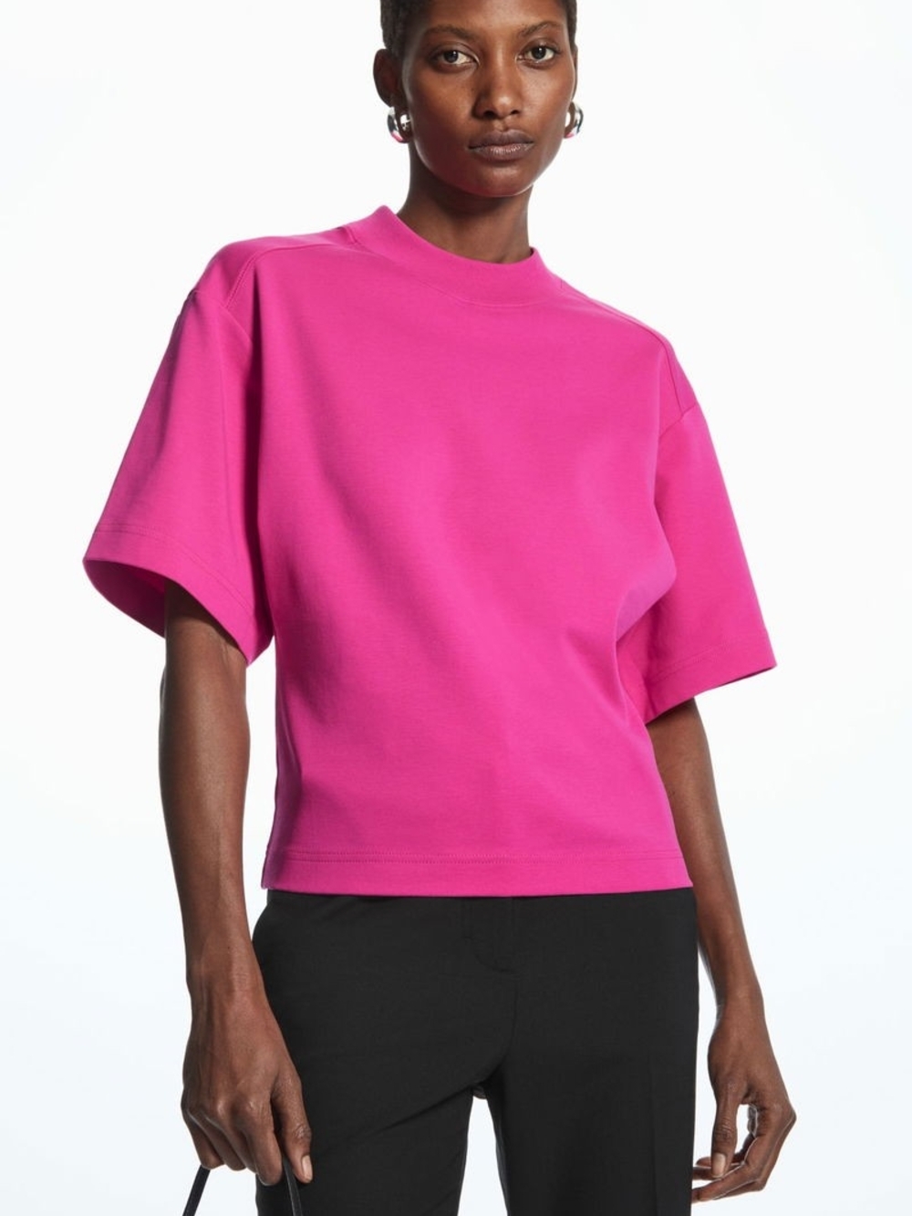COS Waisted Mock-Neck T-Shirt in bright pink